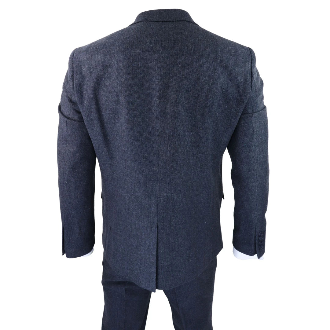 Herrenanzug 3 Teilig Marineblau Tweed Fischgräte Design Zweireiher Weste Vintage
