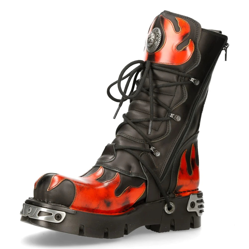 M591-S1 NEWROCK New Rock RED FLAME METALLIC BLACK LEATHER BOOT BIKER GOTH BOOTS-TruClothing