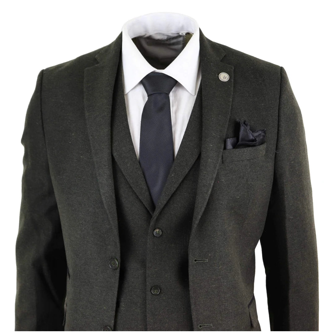 Men's Wool 3 Piece Olive Green Suit Tweed-TruClothing