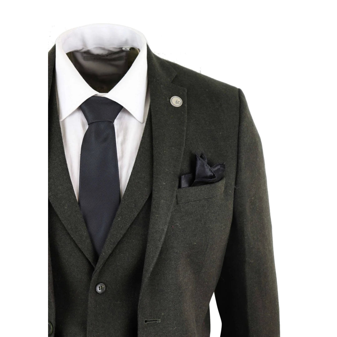 Men's Wool 3 Piece Olive Green Suit Tweed-TruClothing