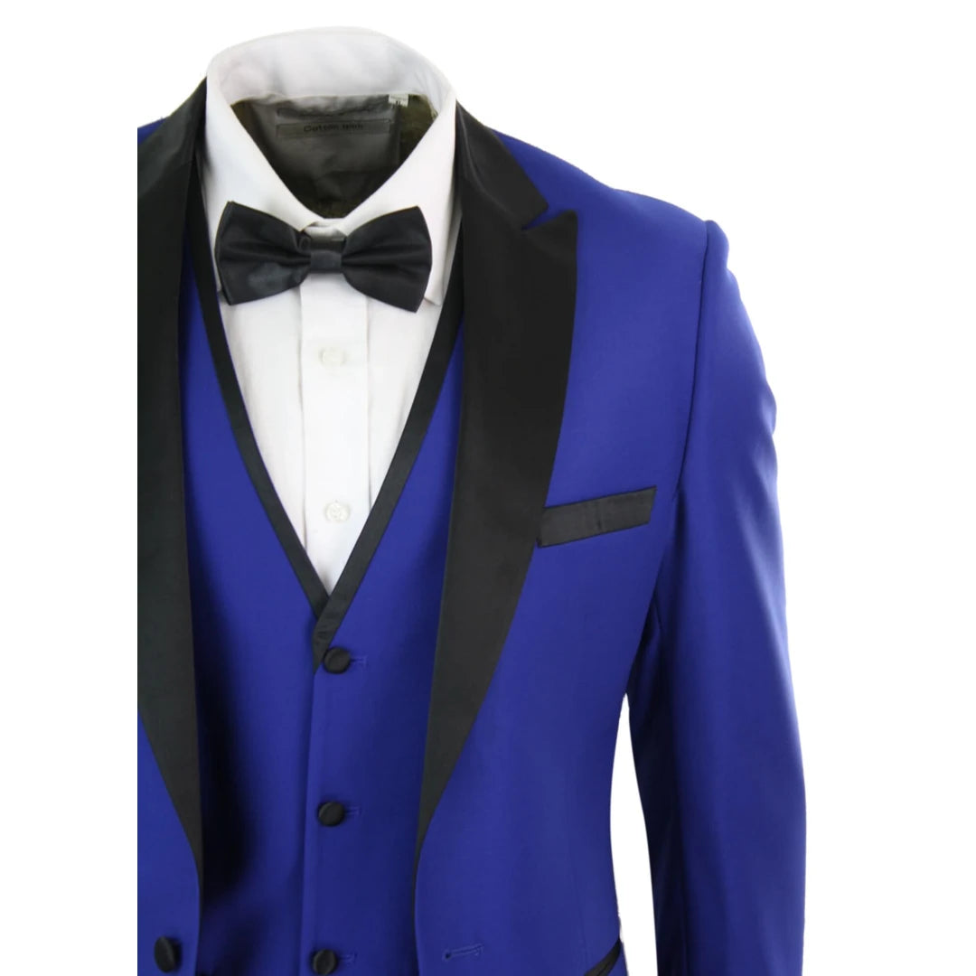 Paul Andrew Regent Blue - Mens 3 Piece Blue Black Satin Tuxedo Dinner Suit Tailored Fit Wedding Prom Groom-TruClothing